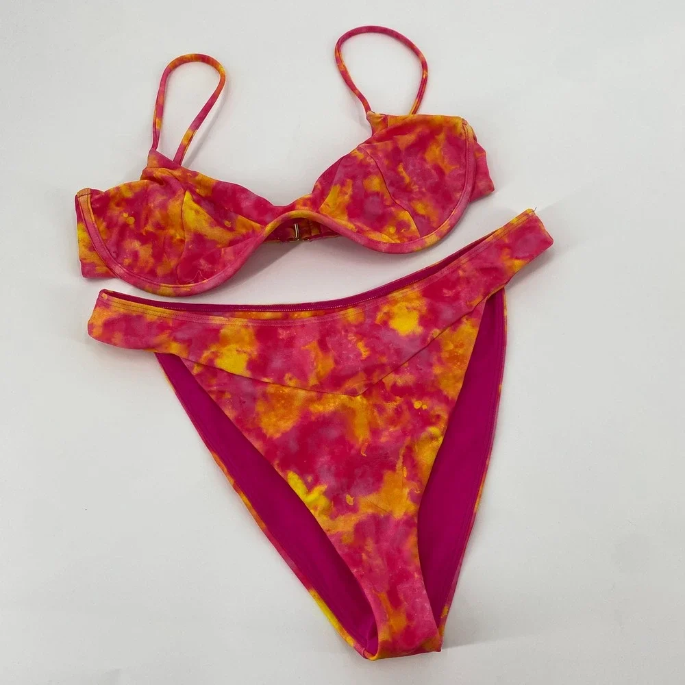Lovers and Friends Bikini Set Womens Medium Pink Tie Dye Underwire High Leg 2pc - Picture 2 of 6